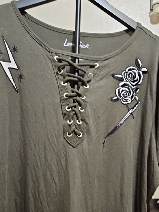 torrid Olive Lace-Up Tunic with Floral & Lightning Embroidery - Picture 3 of 7